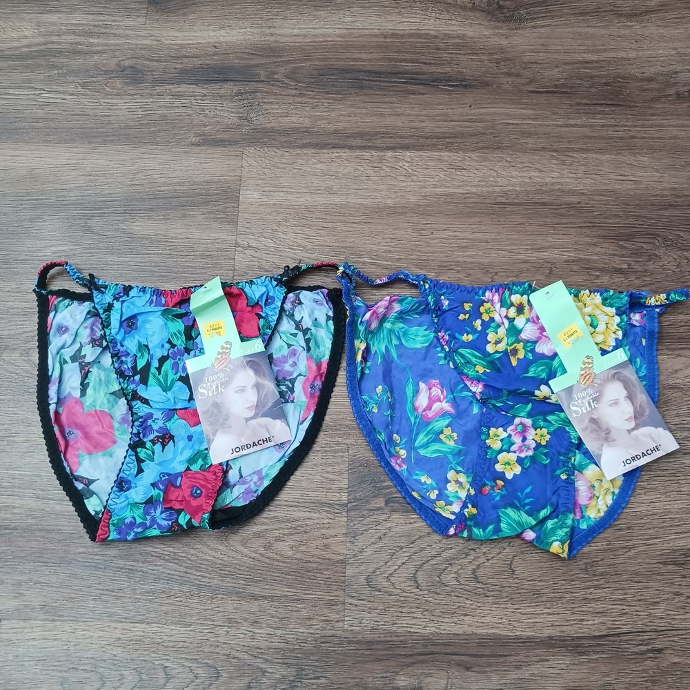2 Vintage Jordache 100% Washable Silk String Floral Bikini Panties Size 6